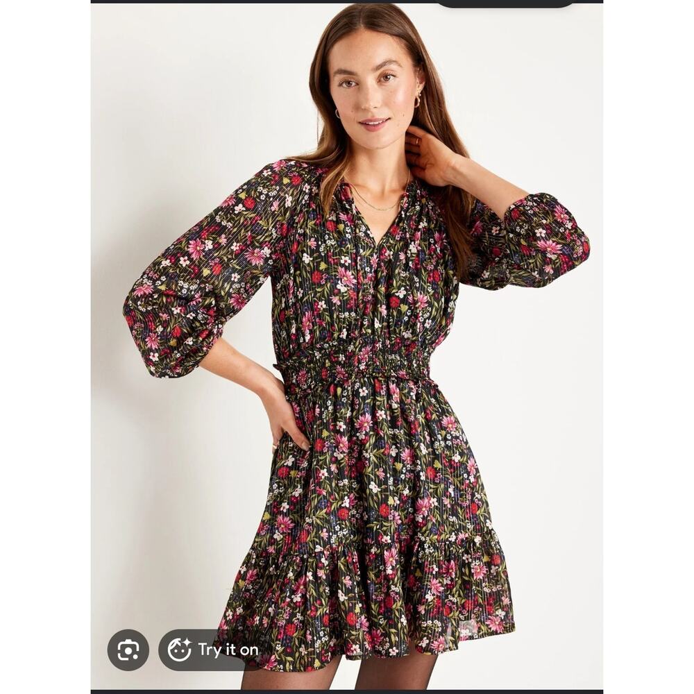 Old Navy Waist-Defined Floral Shine Boho Tie Neck Ruffled Mini Dress Size Small